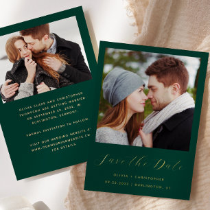 2-Photo Emerald Green Gold Script Save the Date Foil Invitation