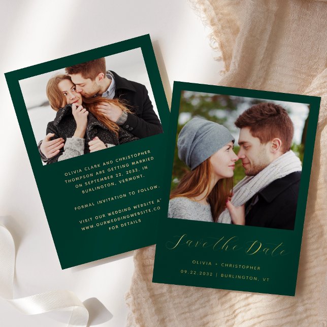 2-Photo Emerald Green Gold Script Save the Date Foil Invitation (Creator Uploaded)