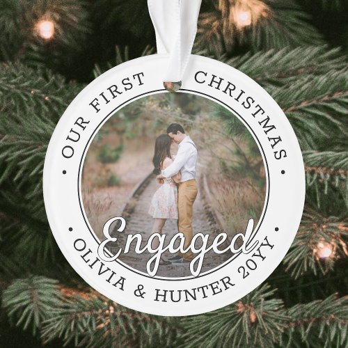 2 Photo Engagement 1st Christmas Black and White Ornament