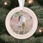 2 Photo Engagement 1st Christmas Blush Pink & Gold Ornament<br><div class="desc">Celebrate the joyful 1st holiday of your engagement with a custom 2 photo "Our First Christmas Engaged" round acrylic ornament. All text and images on this template are simple to personalize and can be different or the same on front and back. (IMAGE & TEXT DESIGN TIPS: 1) To adjust position...</div>