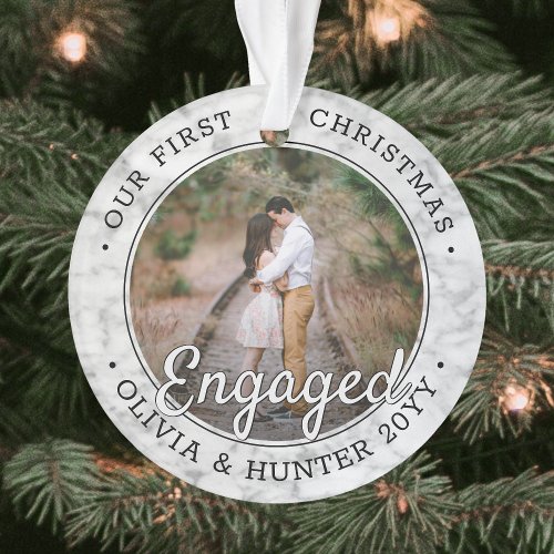 2 Photo Engagement 1st Christmas Faux Marble Ornament