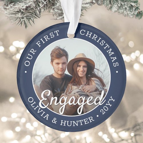 2 Photo Engagement 1st Christmas Navy Blue  White Ornament