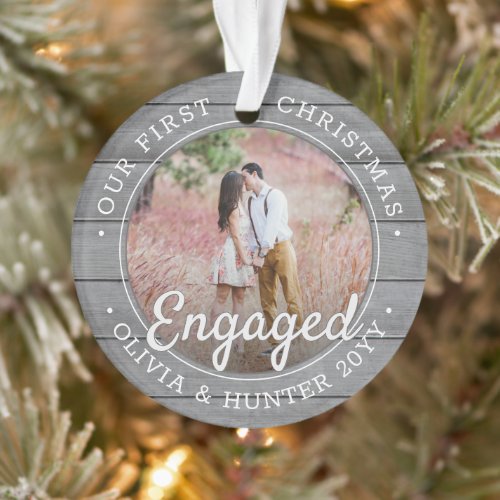 2 Photo Engagement 1st Xmas Gray Rustic Faux Wood  Ornament