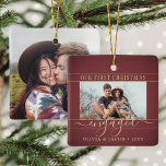 2 Photo Engagement First Christmas Burgundy & Gold Ceramic Ornament<br><div class="desc">Celebrate the joyful 1st holiday of your engagement with a custom 2 photo "Our First Christmas Engaged" square burgundy and gold ceramic ornament. All text and images on this template are simple to personalize. (IMAGE PLACEMENT TIP: An easy way to center a photo exactly how you want is to crop...</div>