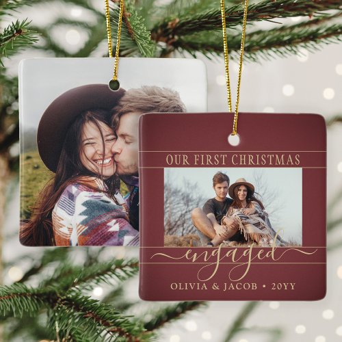 2 Photo Engagement First Christmas Burgundy  Gold Ceramic Ornament