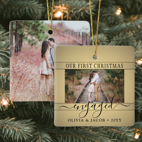 2 Photo Engagement First Christmas Faux Gold Black Ceramic Ornament