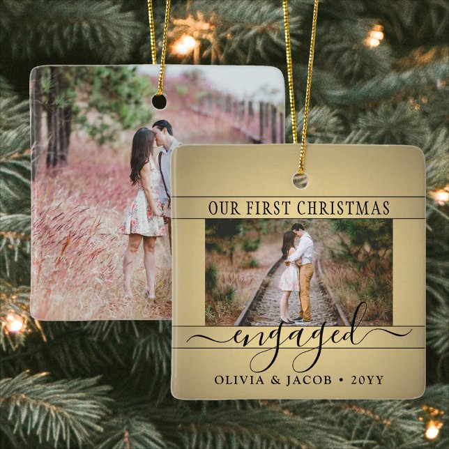 2 Photo Engagement First Christmas Faux Gold Black Ceramic Ornament (Creator Uploaded)