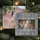 2 Photo Engagement First Christmas Faux Gray Wood Ceramic Ornament<br><div class="desc">Celebrate the joyful 1st holiday of your engagement with a custom 2 photo "Our First Christmas Engaged" square faux gray wood ceramic ornament. All text and images on this template are simple to personalize. (IMAGE PLACEMENT TIP: An easy way to center a photo exactly how you want is to crop...</div>
