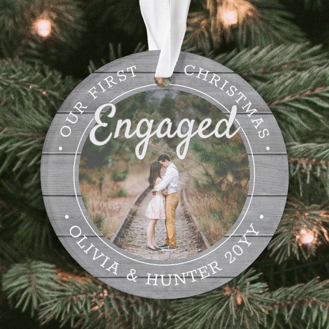 2 Photo Engagement First Christmas Faux Gray Wood Ornament (Creator Uploaded)