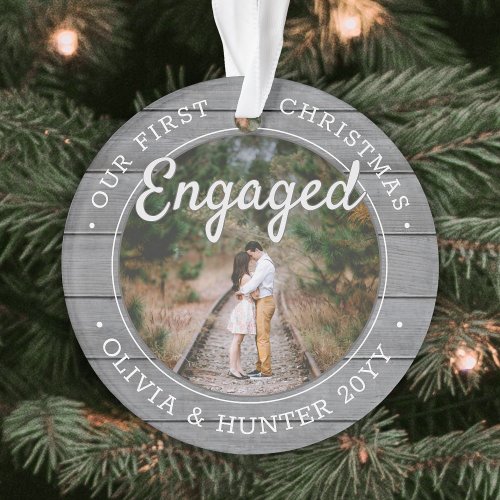 2 Photo Engagement First Christmas Faux Gray Wood Ornament