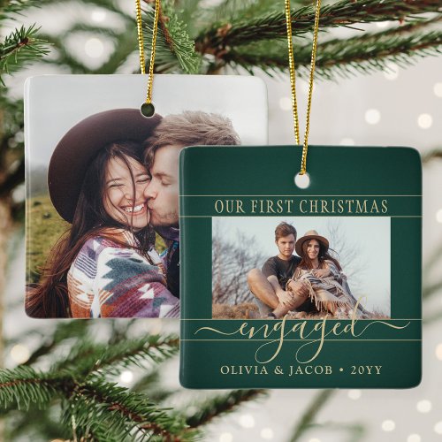2 Photo Engagement First Christmas Green and Gold Ceramic Ornament