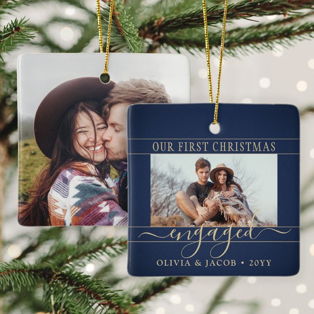 2 Photo Engagement First Christmas Navy Blue Gold Ceramic Ornament (Creator Uploaded)