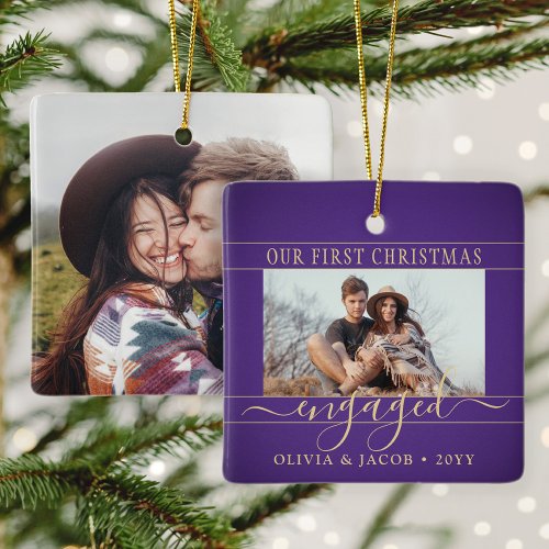 2 Photo Engagement First Christmas Purple and Gold Ceramic Ornament