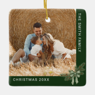 2 Photo Family Christmas Rustic Pine Branch Green Ceramic Ornament