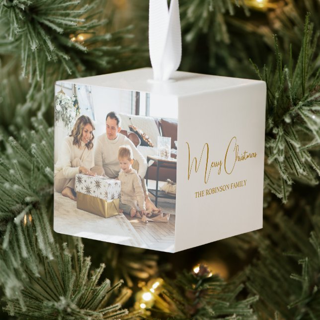 2 Photo Family Simple Christmas Holiday  Cube Ornament (Tree)