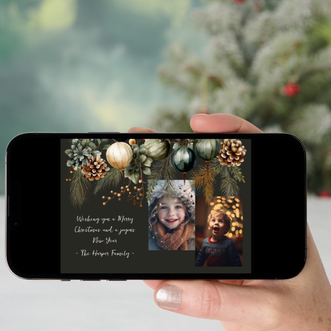 2 Photo Festive Elegant Greenery  Holiday Card (Front Digital)