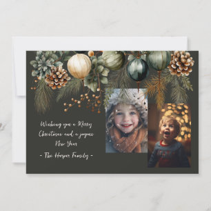 2 Photo Festive Elegant Greenery Holiday Card