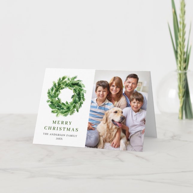 2 PHOTO Festive Pine Branch Wreath Christmas Holiday Card (Front)