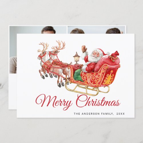 2 PHOTO Festive Santa Sleigh Christmas Greeting Holiday Card