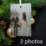 2 photo First Christmas as Mr and Mrs just married Metal Ornament<br><div class="desc">Simple elegant faux gold script newlyweds wedding double sided 2 custom photos  First Christmas as Mr. and Mrs. personalized tree ornament with a pine bough.            Easy to customize with your names,  year and pictures!           It can be a pretty keepsake gift for a new couple.</div>