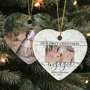 2 Photo First Christmas Engaged Faux Marble Heart Ceramic Ornament
