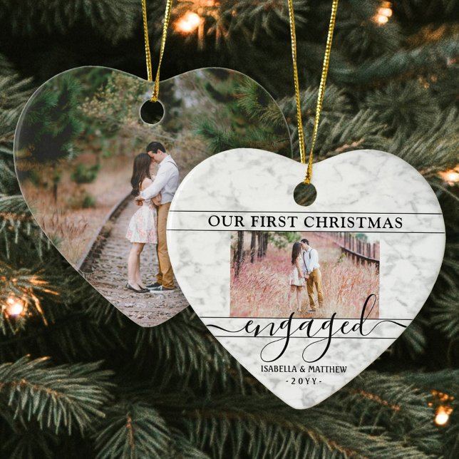 2 Photo First Christmas Engaged Faux Marble Heart Ceramic Ornament (Creator Uploaded)