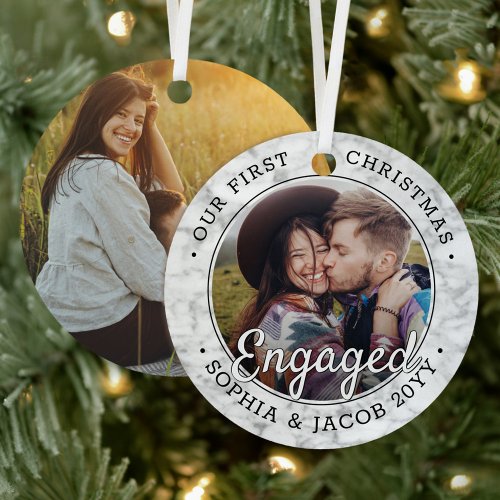 2 Photo First Christmas Engaged Faux Marble Round Metal Ornament