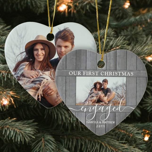 2 Photo First Christmas Engaged Faux Wood Heart Ceramic Ornament (Creator Uploaded)