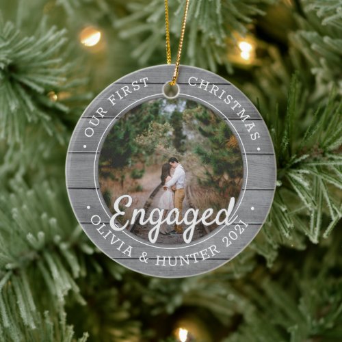 2 Photo First Christmas Engaged Gray Faux Wood Ceramic Ornament