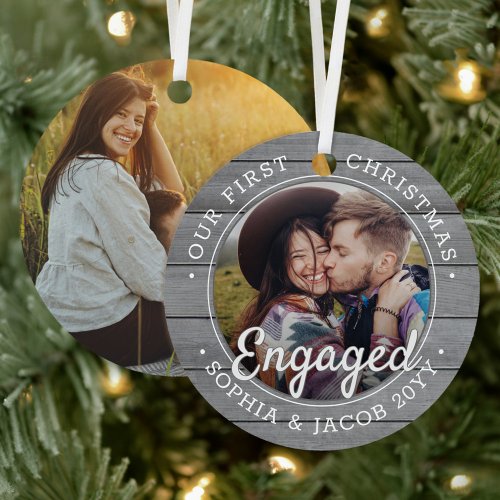 2 Photo First Christmas Engaged Gray Faux Wood Metal Ornament