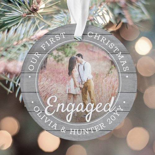 2 Photo First Christmas Engaged Gray Faux Wood Ornament