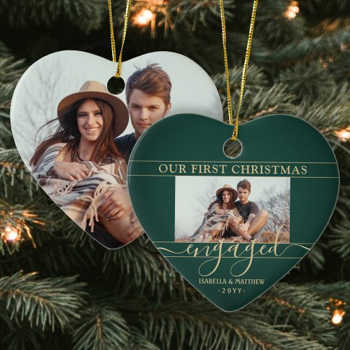 2 Photo First Christmas Engaged Green  Gold Heart Ceramic Ornament