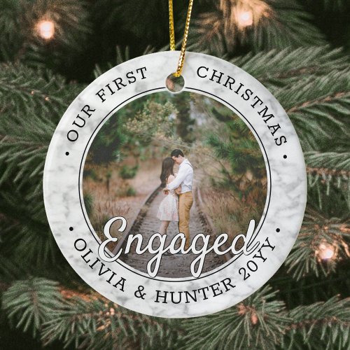 2 Photo First Christmas Engaged Modern Faux Marble Ceramic Ornament