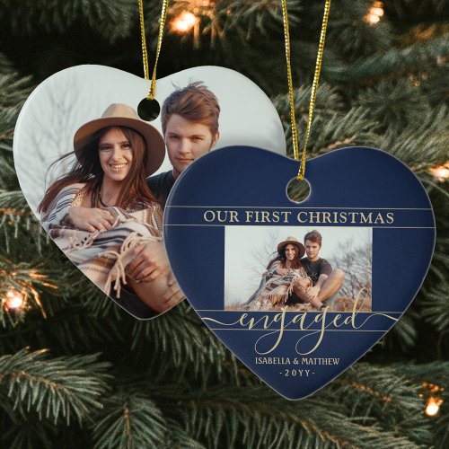 2 Photo First Christmas Engaged Navy  Gold Heart Ceramic Ornament