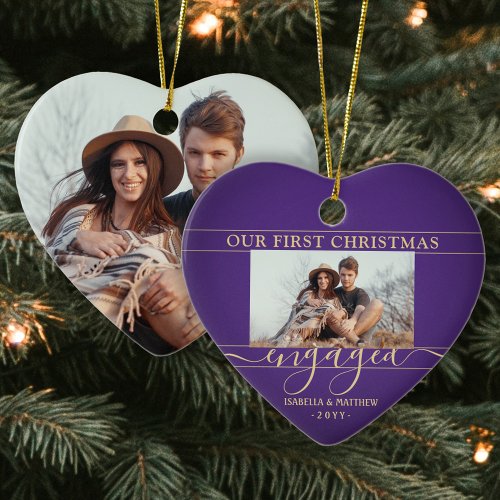2 Photo First Christmas Engaged Purple Gold Heart Ceramic Ornament