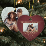 2 Photo First Christmas Engaged Red and Gold Heart Ceramic Ornament<br><div class="desc">Celebrate the joyful 1st holiday of your engagement with a custom heart-shaped 2 photo "Our First Christmas Engaged" ceramic ornament. All text and images on this template are simple to personalize. (IMAGE PLACEMENT TIP: An easy way to center a photo exactly how you want is to crop it before uploading...</div>
