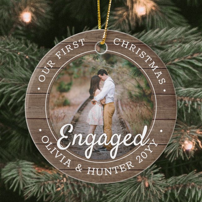 2 Photo First Christmas Engaged Rustic Faux Wood Ceramic Ornament (Creator Uploaded)