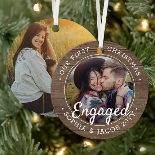 2 Photo First Christmas Engaged Rustic Faux Wood Metal Ornament