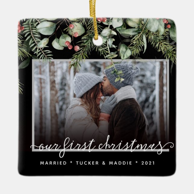 2 Photo First Christmas Married Photo Greenery Ceramic Ornament (Front)