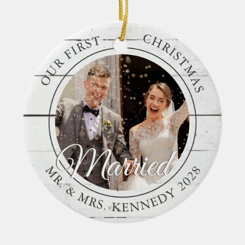 2 Photo First Christmas Married White Wood  Ceramic Ornament