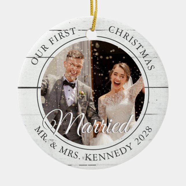 2 Photo First Christmas Married White Wood  Ceramic Ornament (Front)