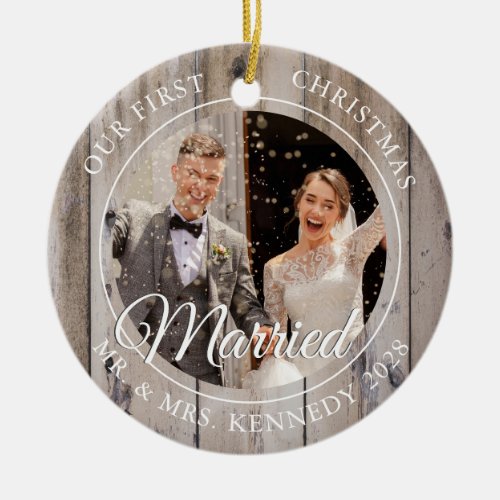 2 Photo First Christmas Married Wood Ceramic Ornament
