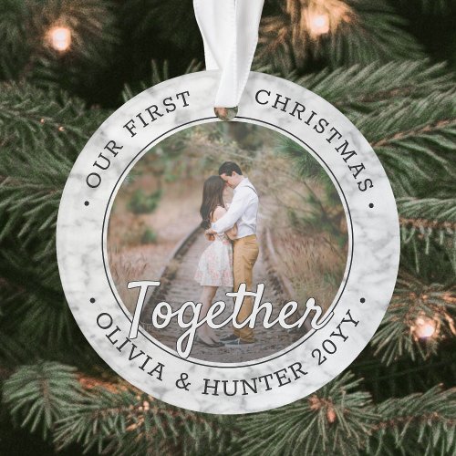 2 Photo First Christmas Together Faux Marble Round Ornament