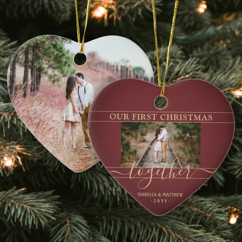 2 Photo First Christmas Together Red  Gold Heart Ceramic Ornament