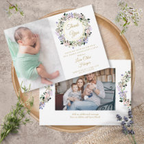 2 Photo Floral Baby Gold Thank You Birth Announcement