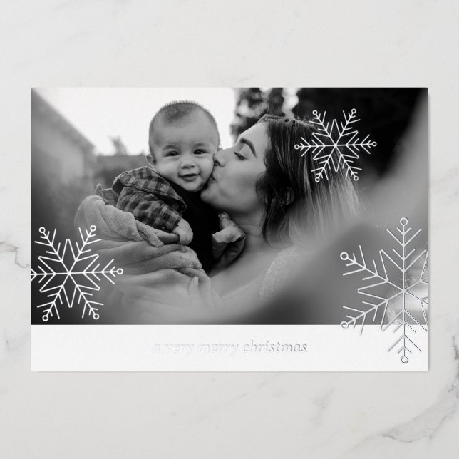 2 Photo Foil Snowflake Simple Family Christmas Foi Foil Holiday Card (Front)