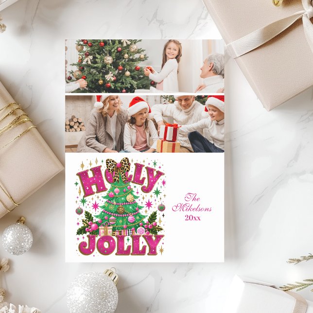 2 Photo Glitter Leopard Bow Holly Jolly Holiday Card (Creator Uploaded)