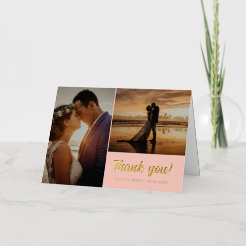 2 Photo Gold Blush Wedding Thank You Foil Greeting Card