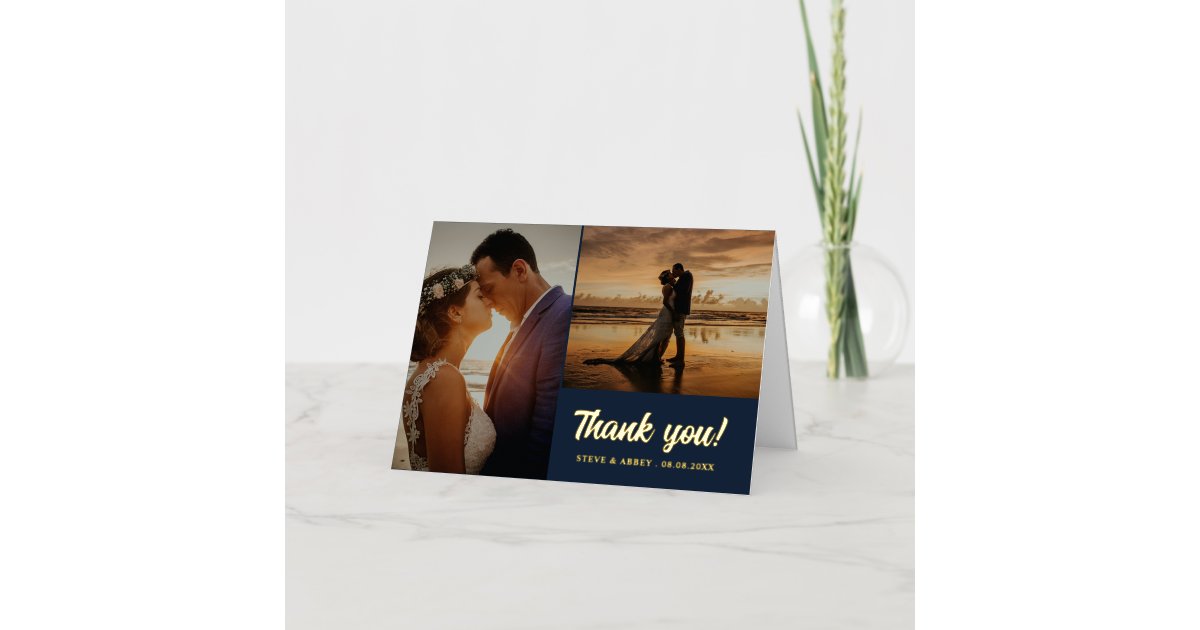 2 Photo Gold Navy Blue Wedding Thank You Foil Greeting Card | Zazzle