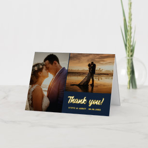 2 Photo Gold Navy Blue Wedding Thank You Foil Greeting Card